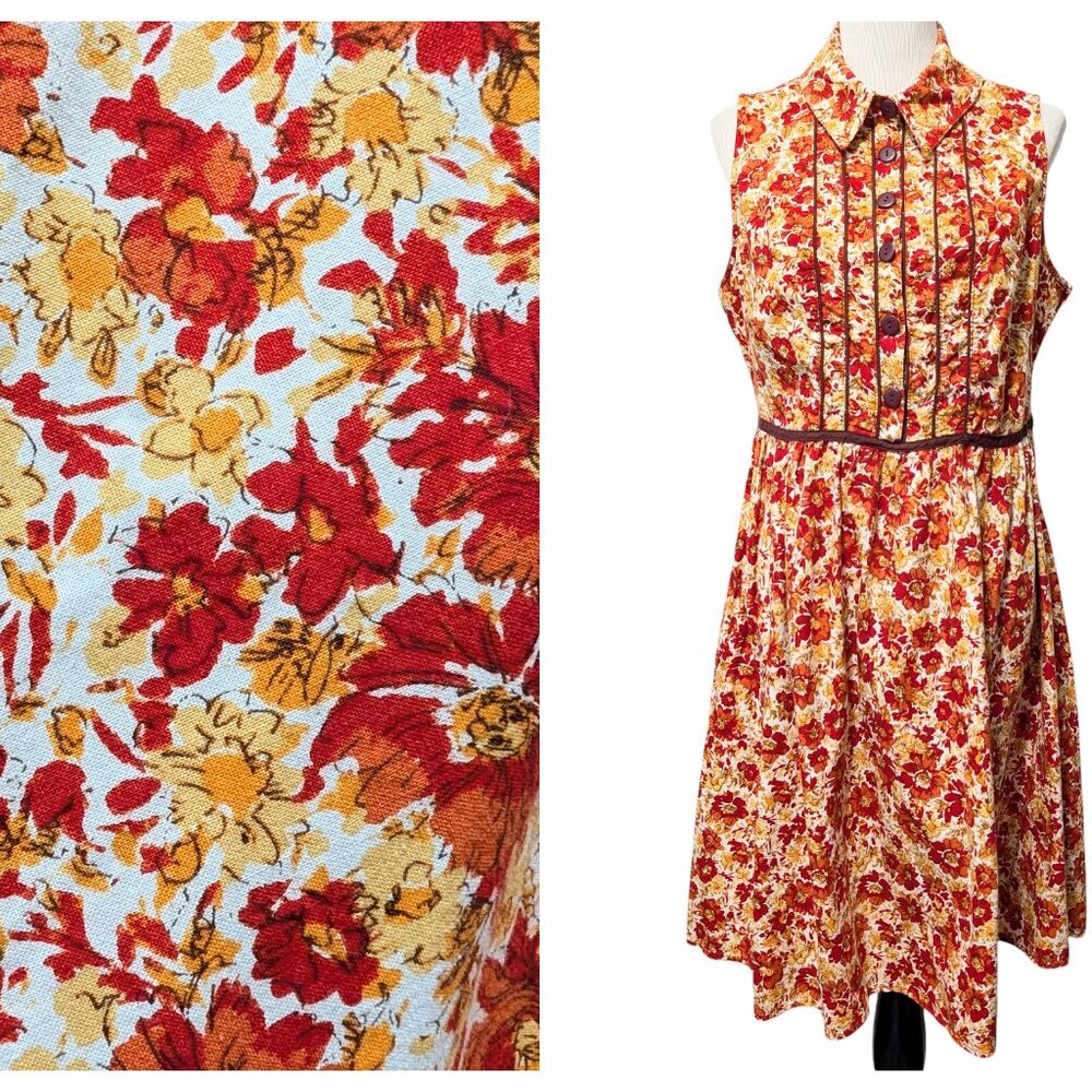 Retrolicious Womens Size 1X Fall Floral Sleeveless Collar Fit Flare Cotton Dress